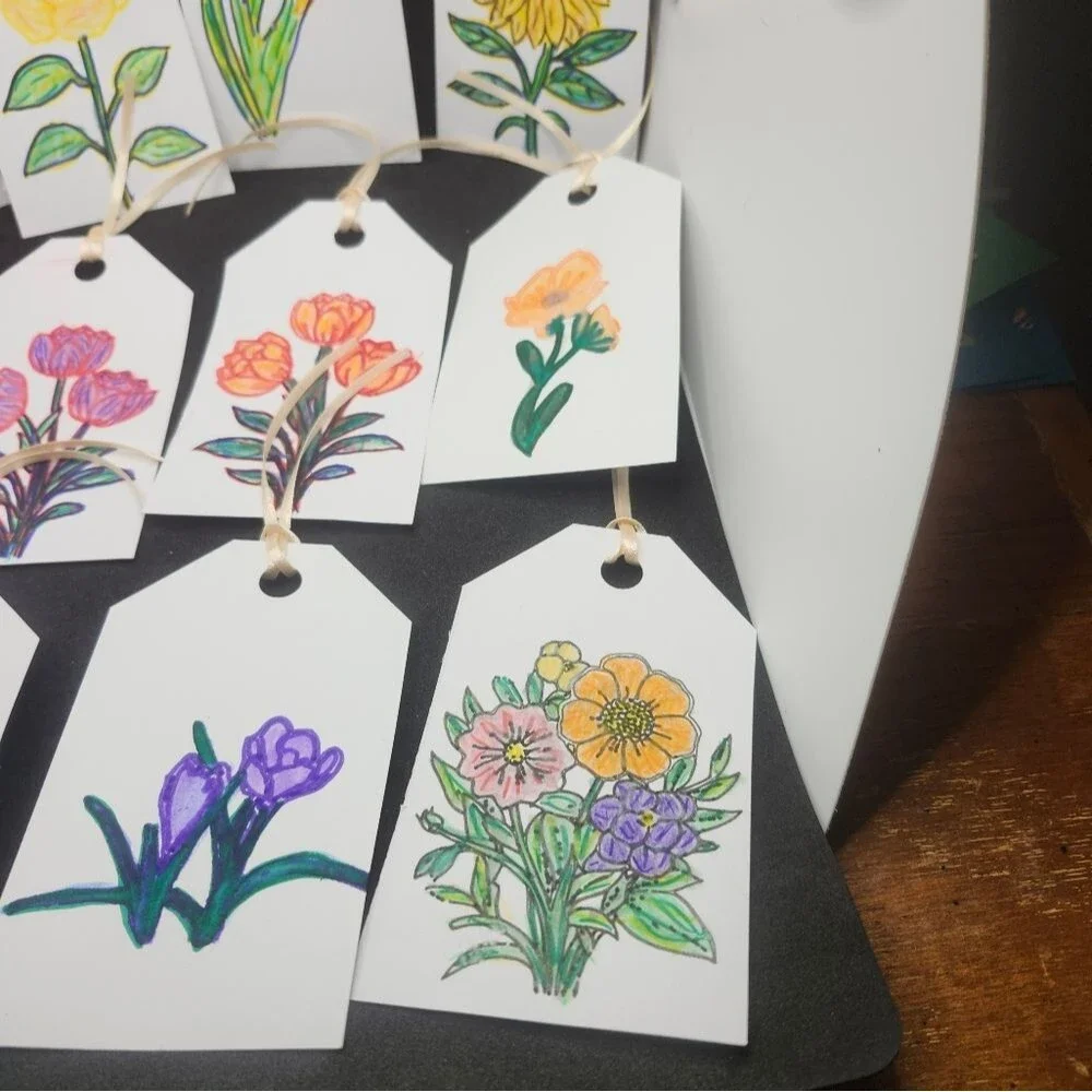 Hand Crafted Floral Colorful Gift Tags Thank You Cards Set of 12